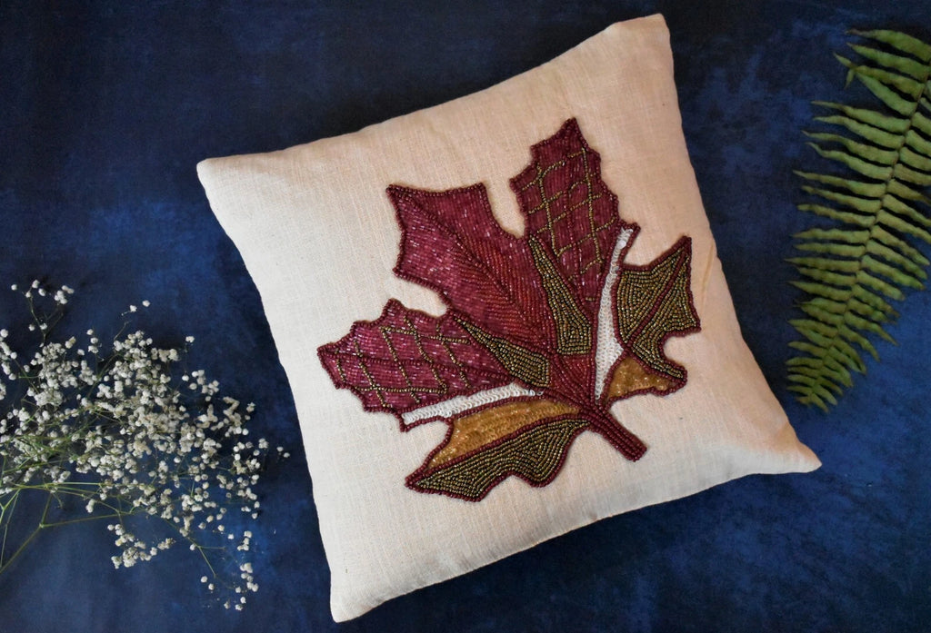 Beaded Cushion Cover Maple Leaf Decorative Sofa Pillow Case 16x16 In Set of 2