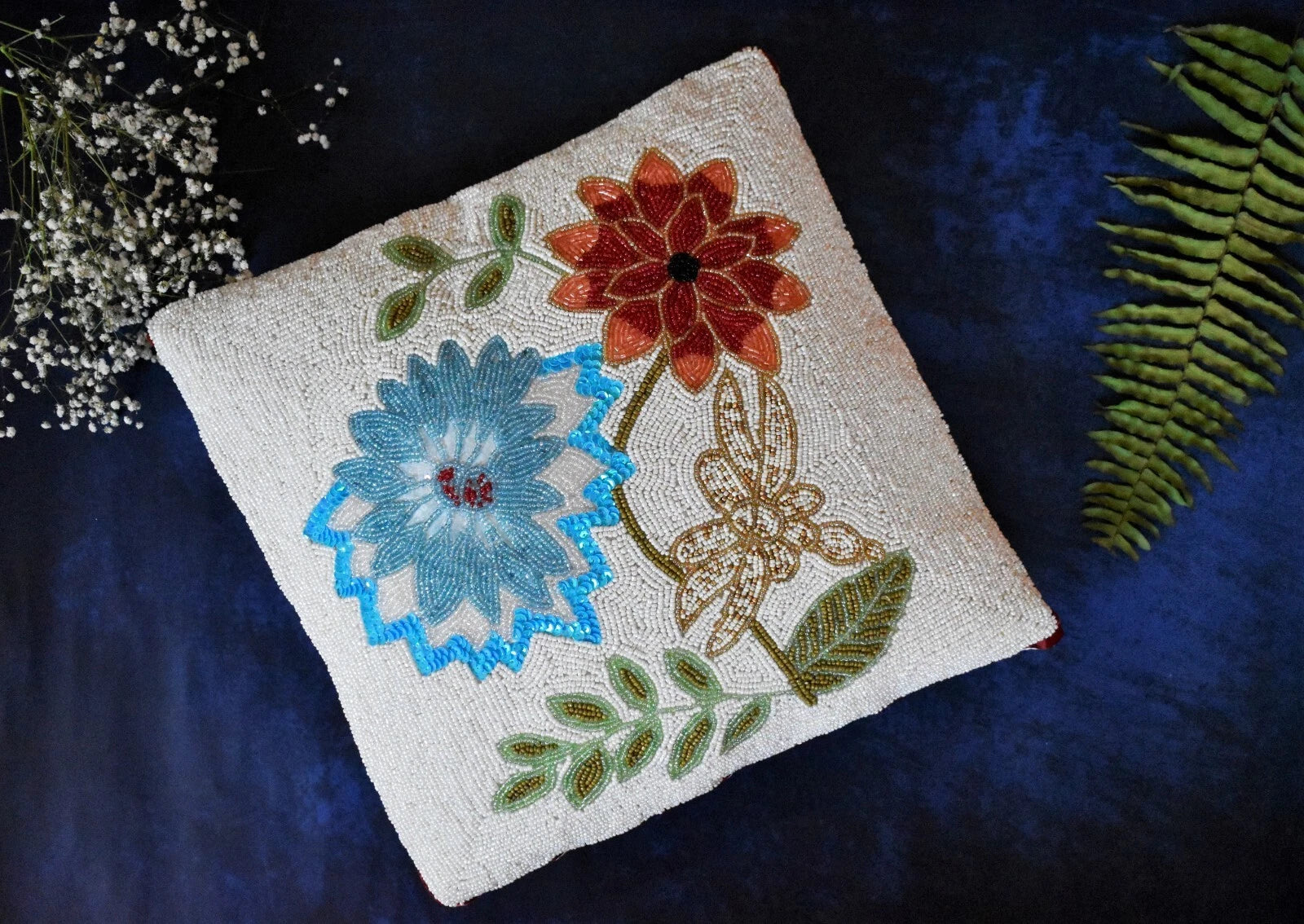 Decorative Beaded Cushion Cover Handmade Sofa Pillow Covers 16x16 In Set of 2