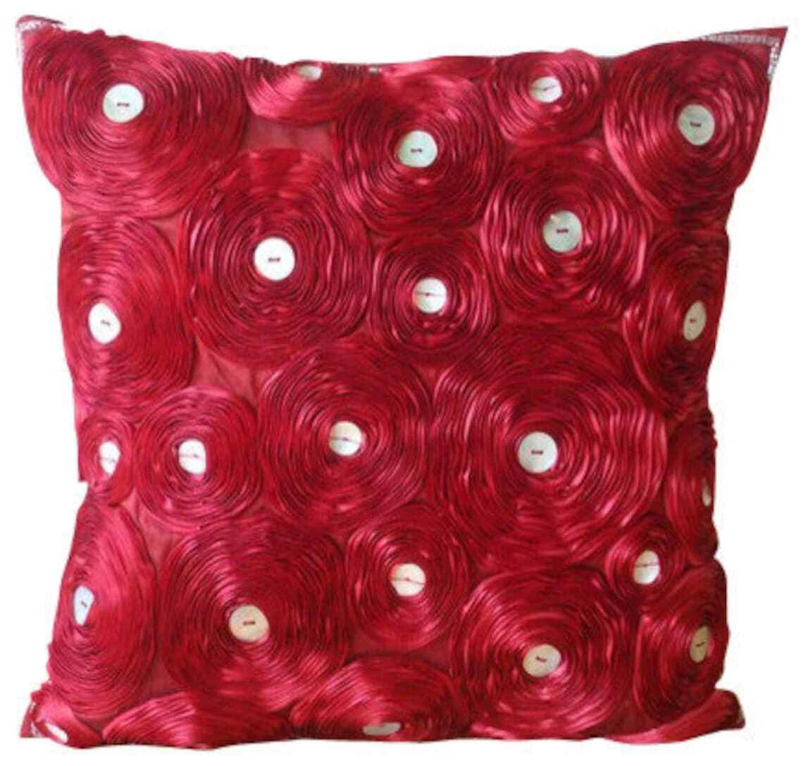 Square Couch Pillow Cover Red 16"x16", Sofa Decor Silk Floral - Bed Of Roses