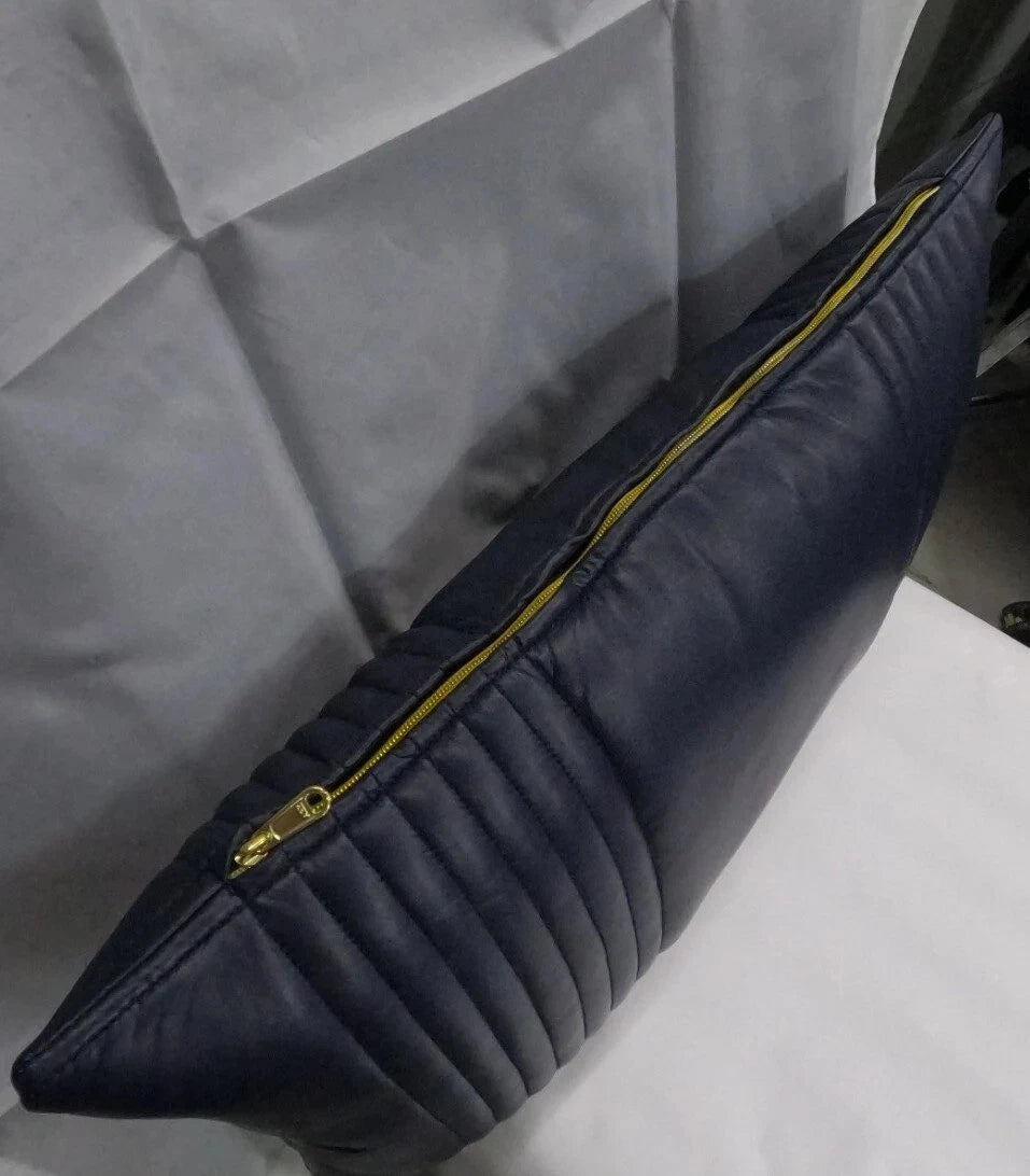 Lambskin Leather Navy Blue Rectangle Pillow Cover | Quilted Decorative Cover