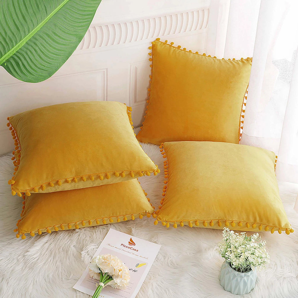 Velvet Pillow Cover with Pompoms for Sofa Bed 4PCS