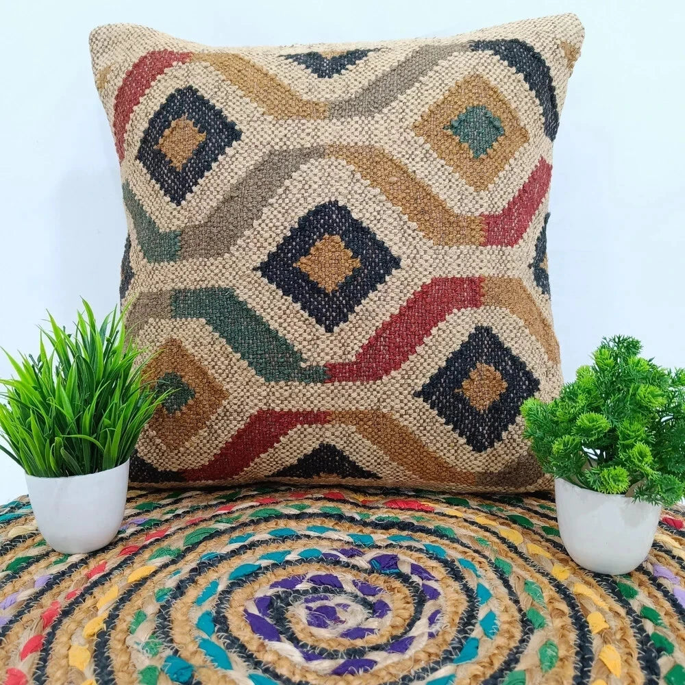 Indian Jute Wool Kilim Cushion Cover Vintage Look Your Home Pillow cover throw