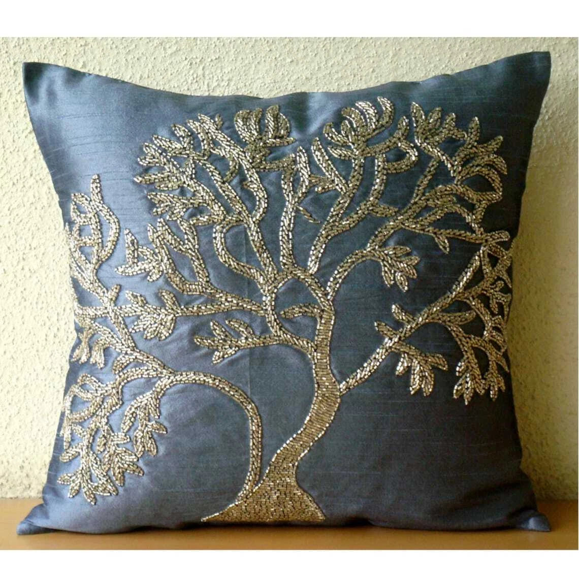 Couch Pillow Case Blue 16"x16", Bed Decor Silk Tree Beaded - Paradise Tree