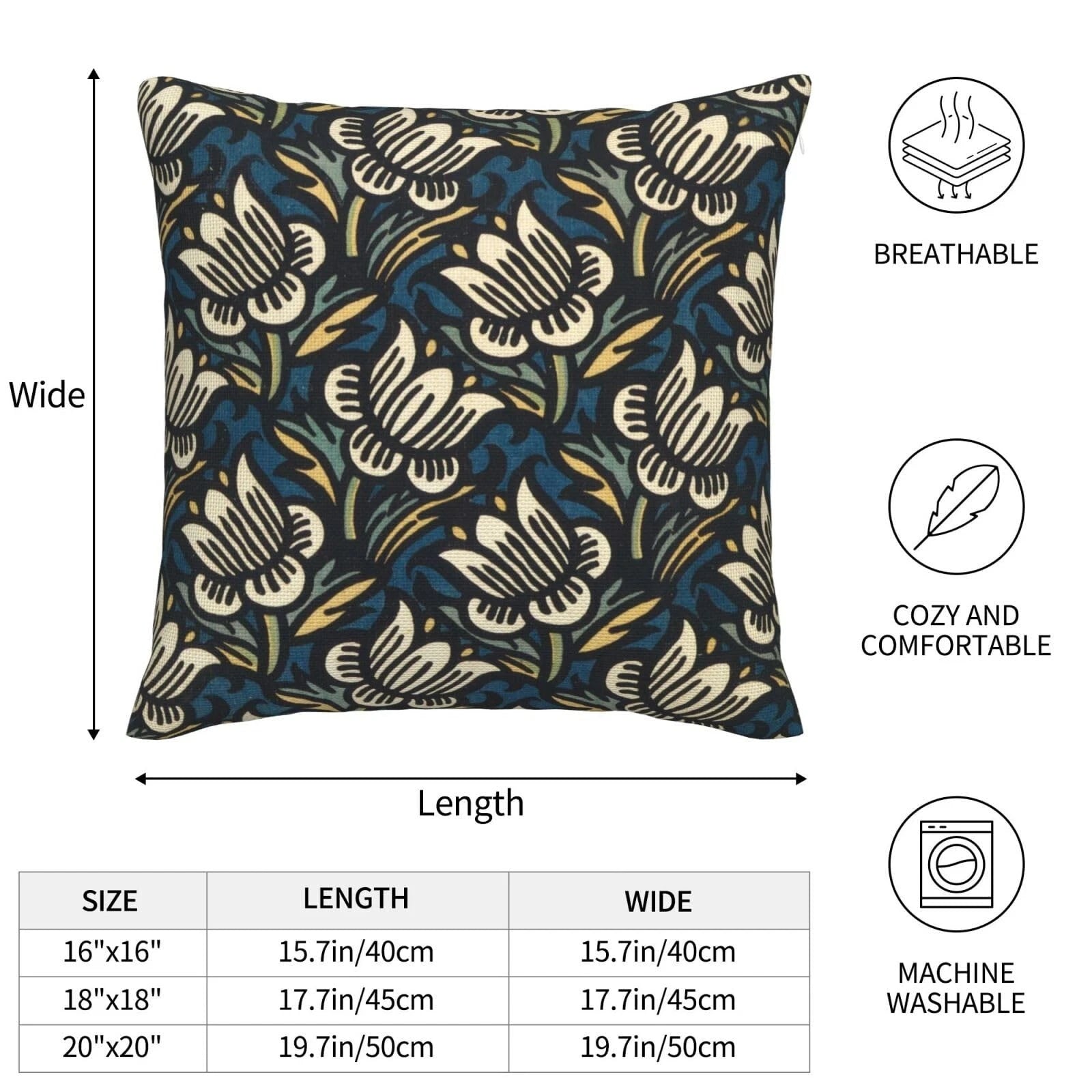 Vintage Blue Floral Print Throw Pillowcase Square Cushion Cover For Sofa Bed