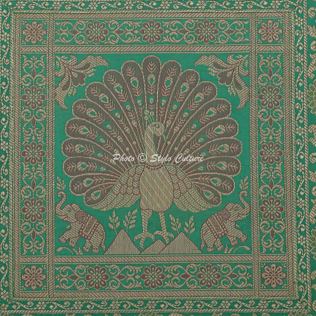 Peacock Brocade Cushion Cover Indian Handmade Throw Sofa Pillow Case Cover 12"