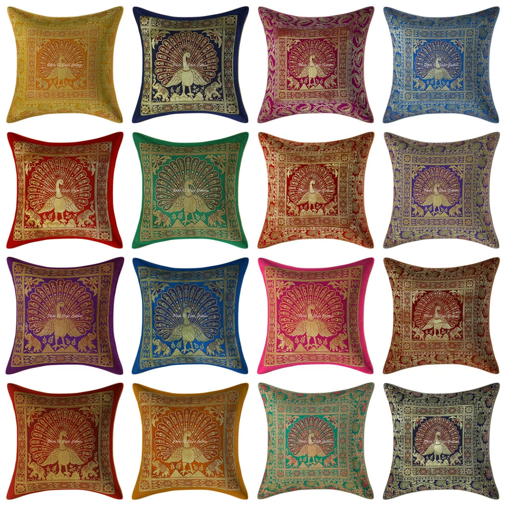 Peacock Brocade Cushion Cover Indian Handmade Throw Sofa Pillow Case Cover 12"