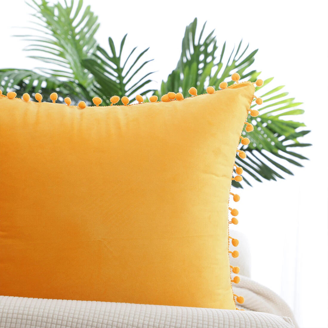 Velvet Pillow Cover with Pompoms for Sofa Bed 2PCS