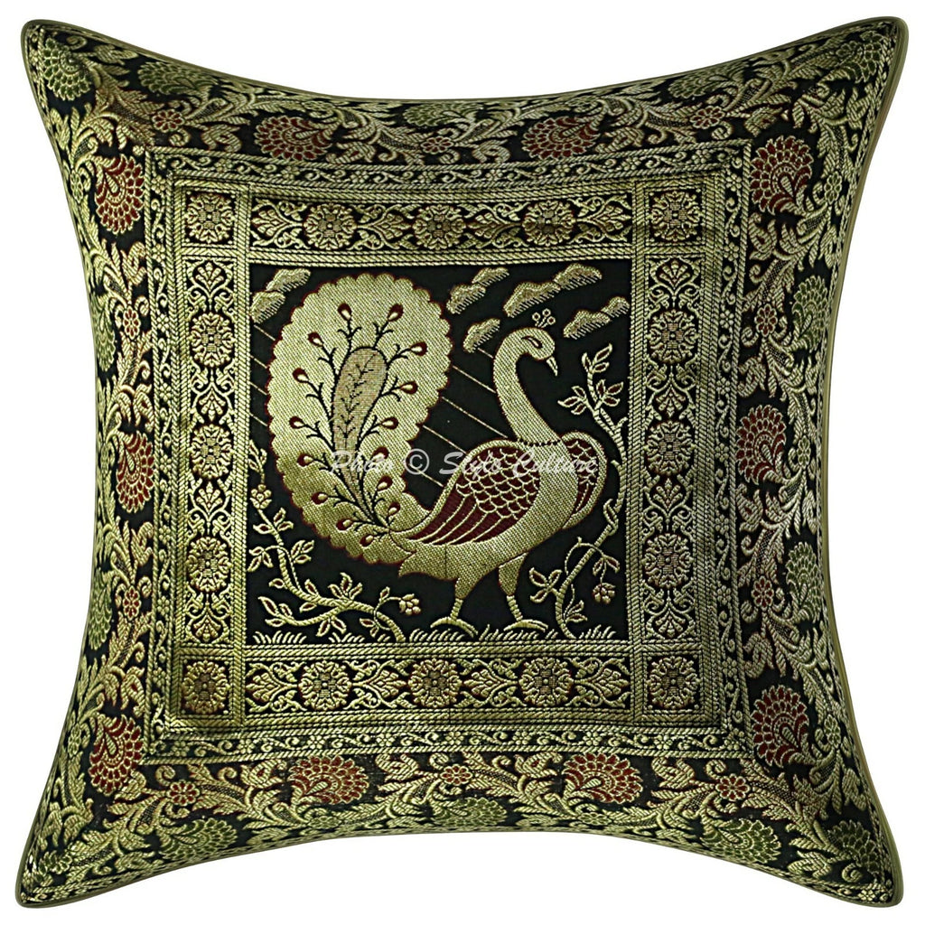 Indian Brocade Sofa Cushion Cover Handmade Peacock Pillow Case Cover Throw 12"