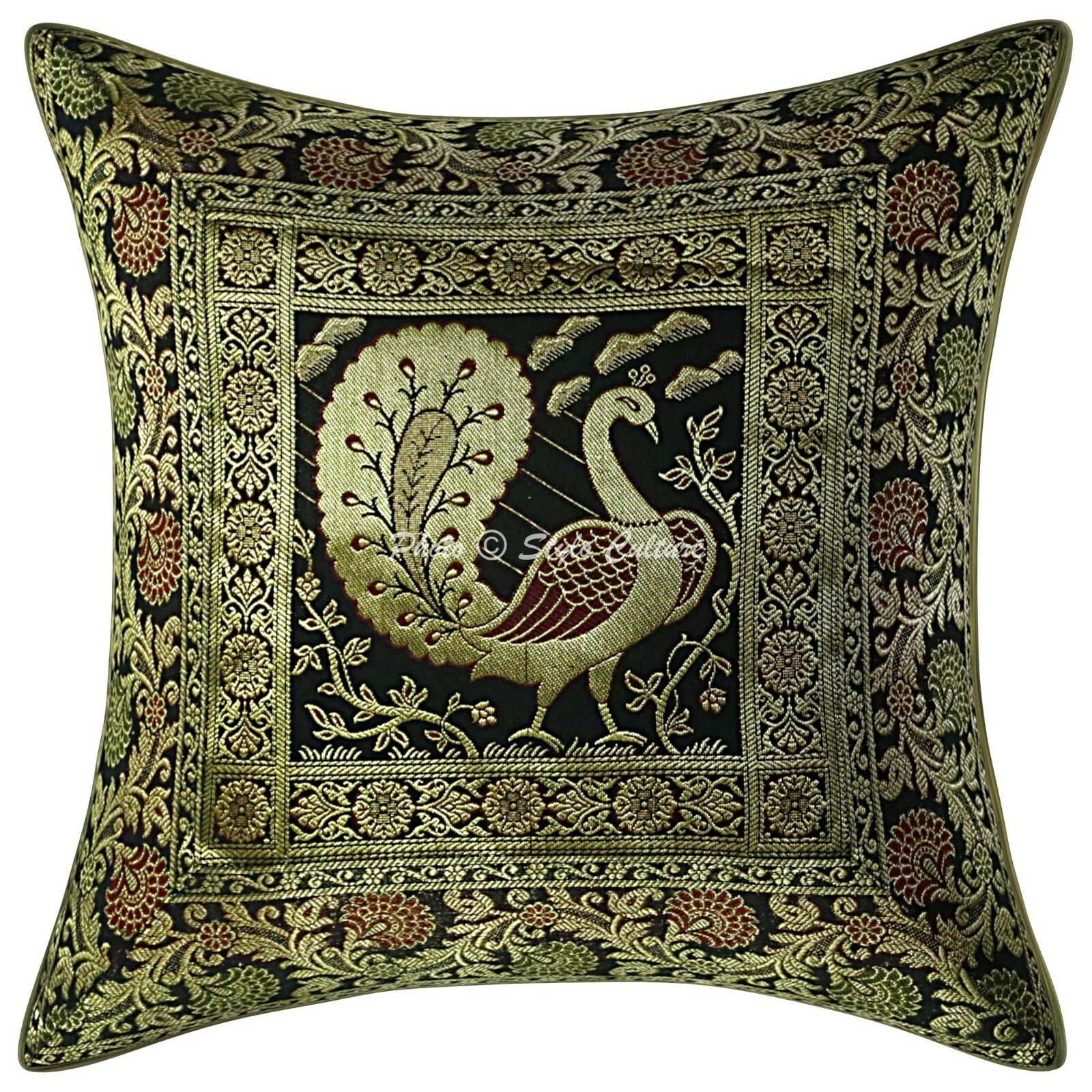 Indian Brocade Sofa Cushion Cover Handmade Peacock Pillow Case Cover Throw 12"