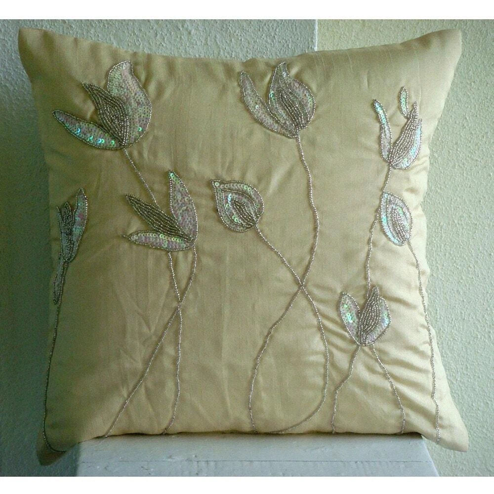 Couch Cushion Cover Beige 16"x16", Bed Decor Silk Lily - Lily Of The Valley