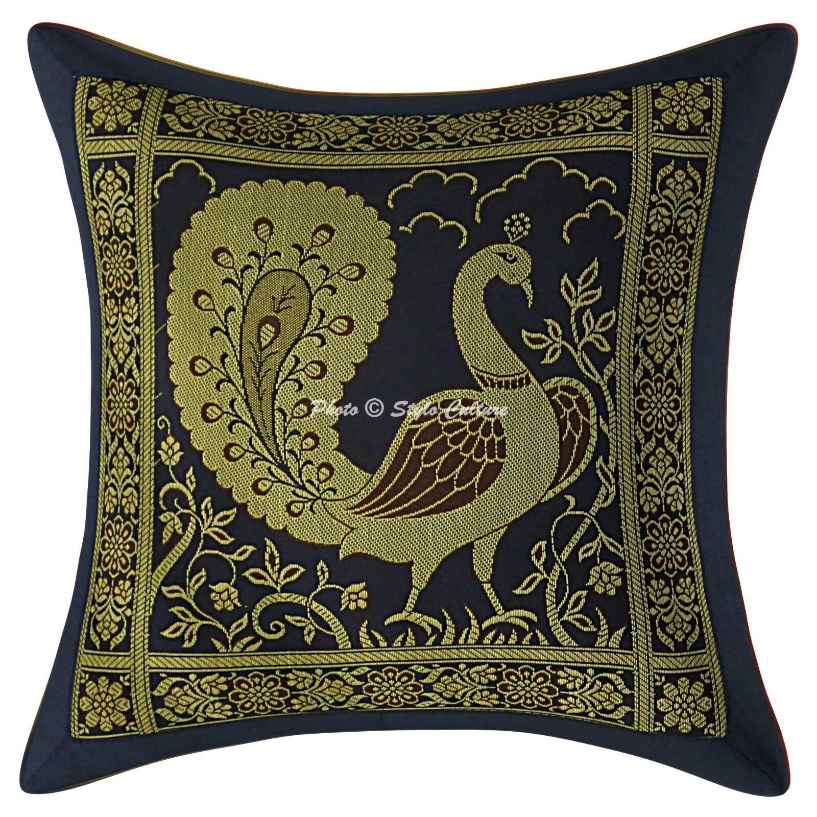 Indian Brocade Sofa Cushion Cover Handmade Peacock Pillow Case Cover Throw 12"