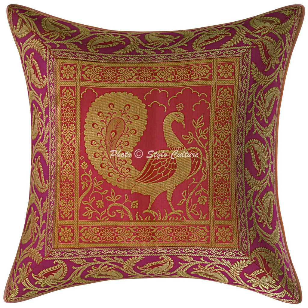 Indian Brocade Sofa Cushion Cover Handmade Peacock Pillow Case Cover Throw 12"