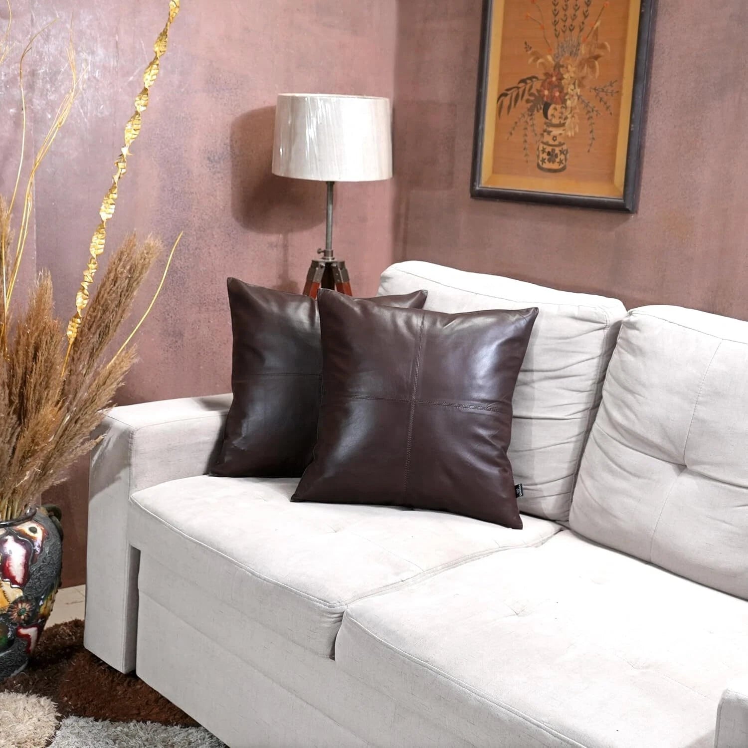 Dark Brown Color Lambskin 100% Genuine leathe Pillow Cover For Sofa Cushion Bed