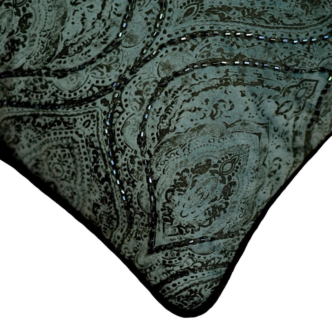 Couch Cushion Cover Grey 16"x16", Bed Decor Velvet Damask & Beaded - Arturo