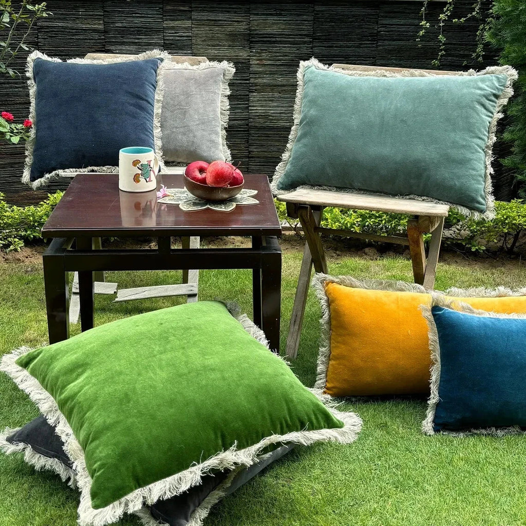 Boho Velvet Fringe Pillow Cover – Handmade Cotton Cushion for Sofa or Chair