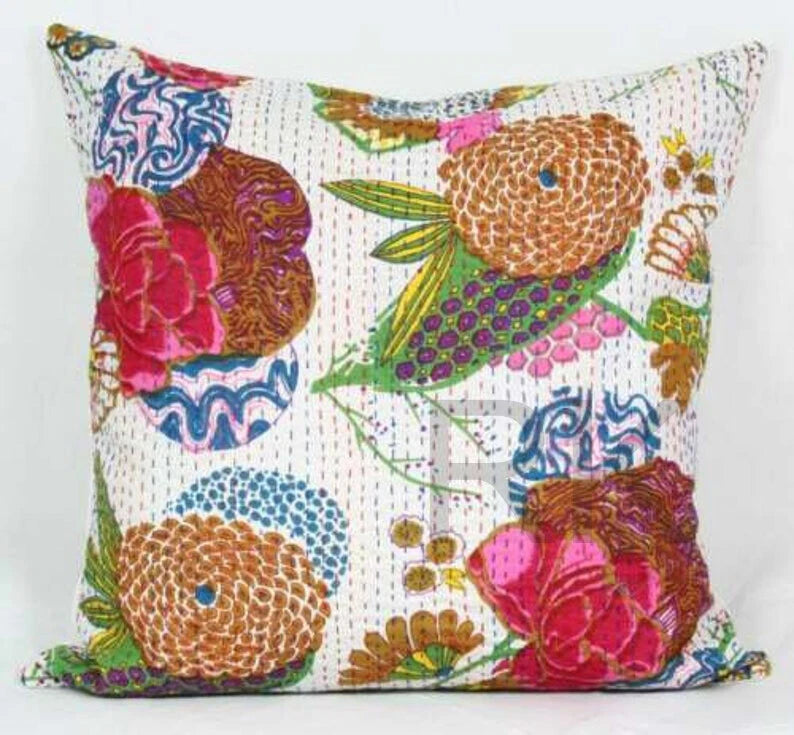 Cotton Kantha Cushion Cover Bed Sofa Pillow Cases, 2 Pcs Set Throw Cushion