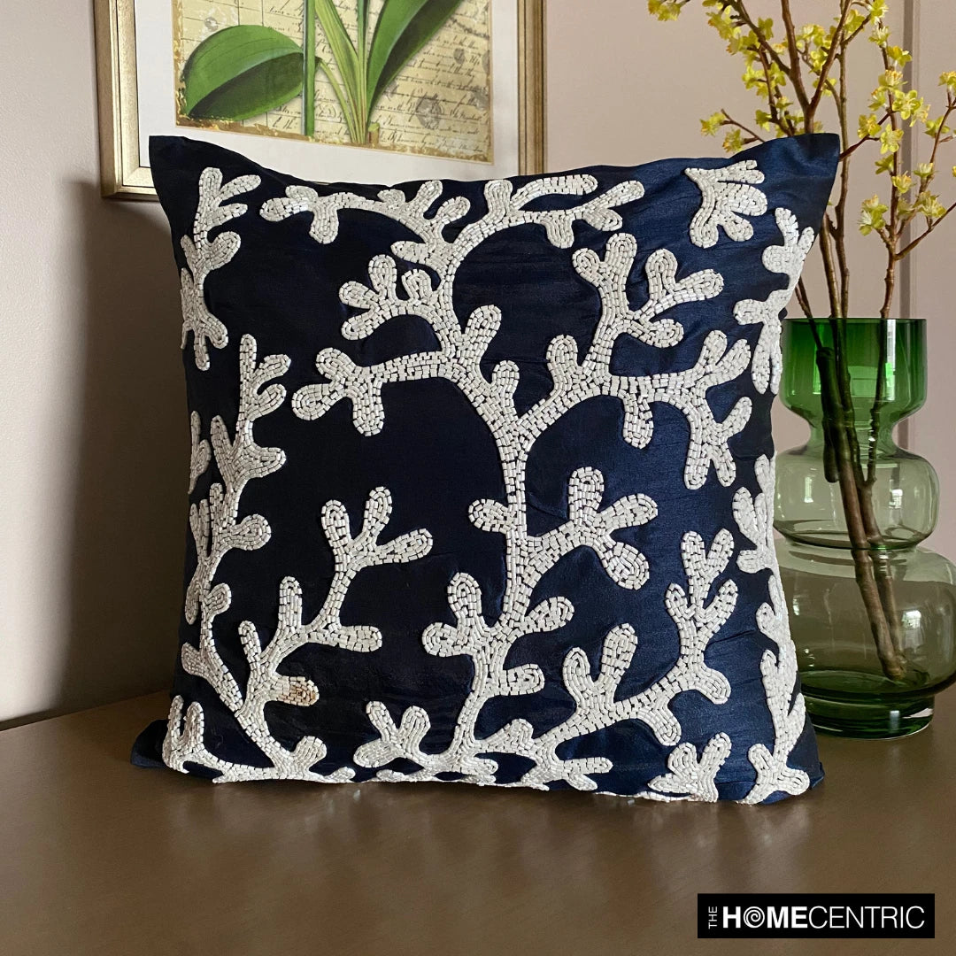 Couch Pillow Cover Blue 16"x16", Bed Decor Silk Sea Creatures - Navy Corals