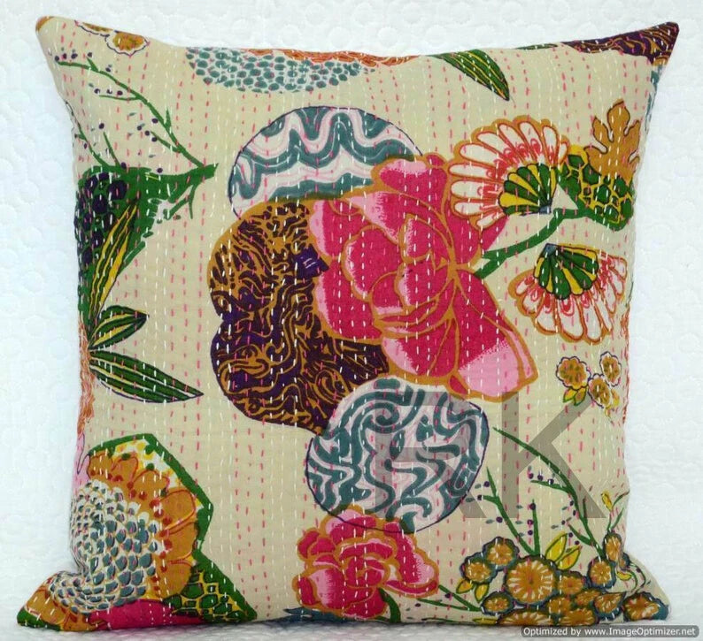 Cotton Kantha Cushion Cover Bed Sofa Pillow Cases, 2 Pcs Set Throw Cushion