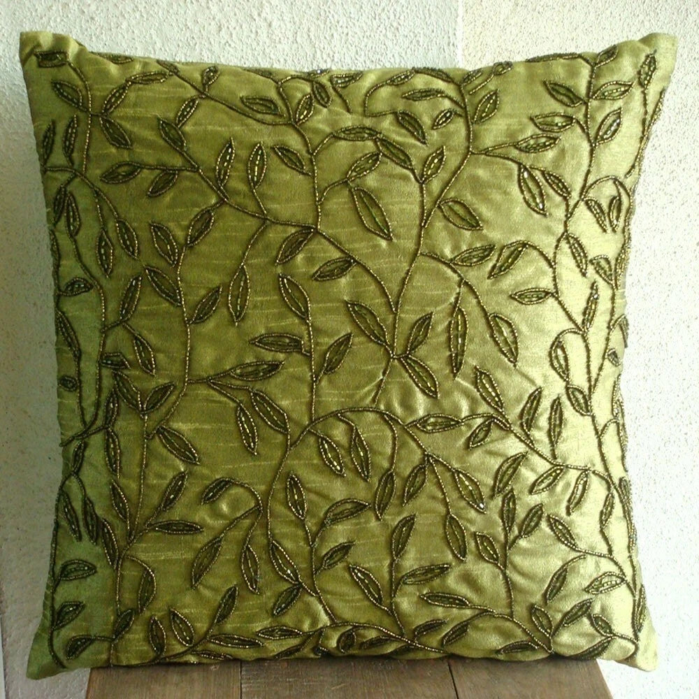 Square Sofa Pillow Case Green 16"x16", Bed Decor Silk Leaf Beaded - Tropical