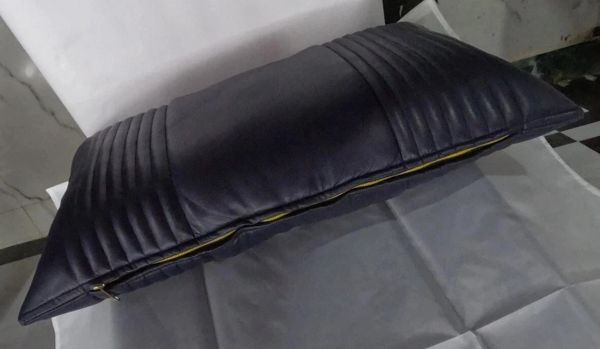 Lambskin Leather Navy Blue Rectangle Pillow Cover | Quilted Decorative Cover