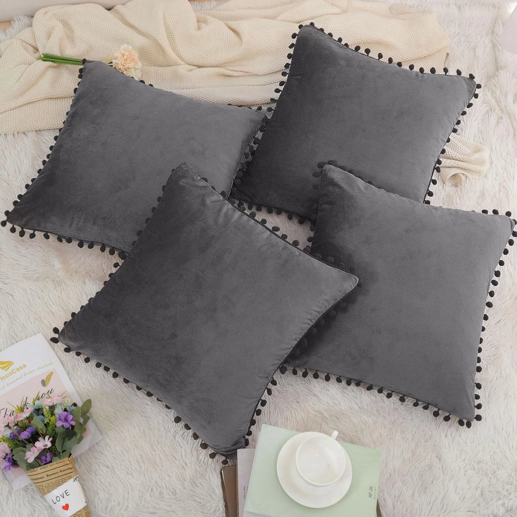 Velvet Pillow Cover with Pompoms for Sofa Bed 4PCS