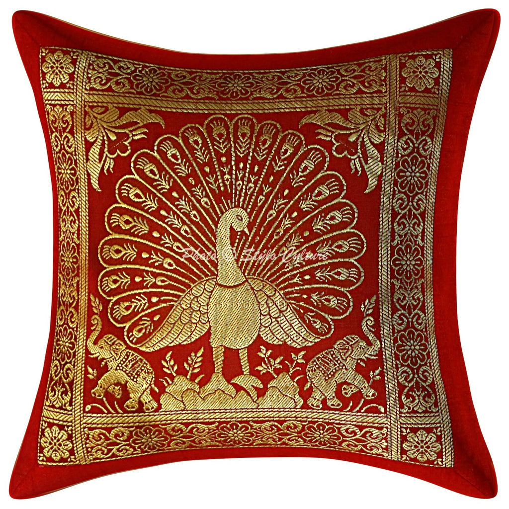 Indian Peacock Brocade Cushion Cover Handmade Sofa Pillow Case Cover Throw 12"