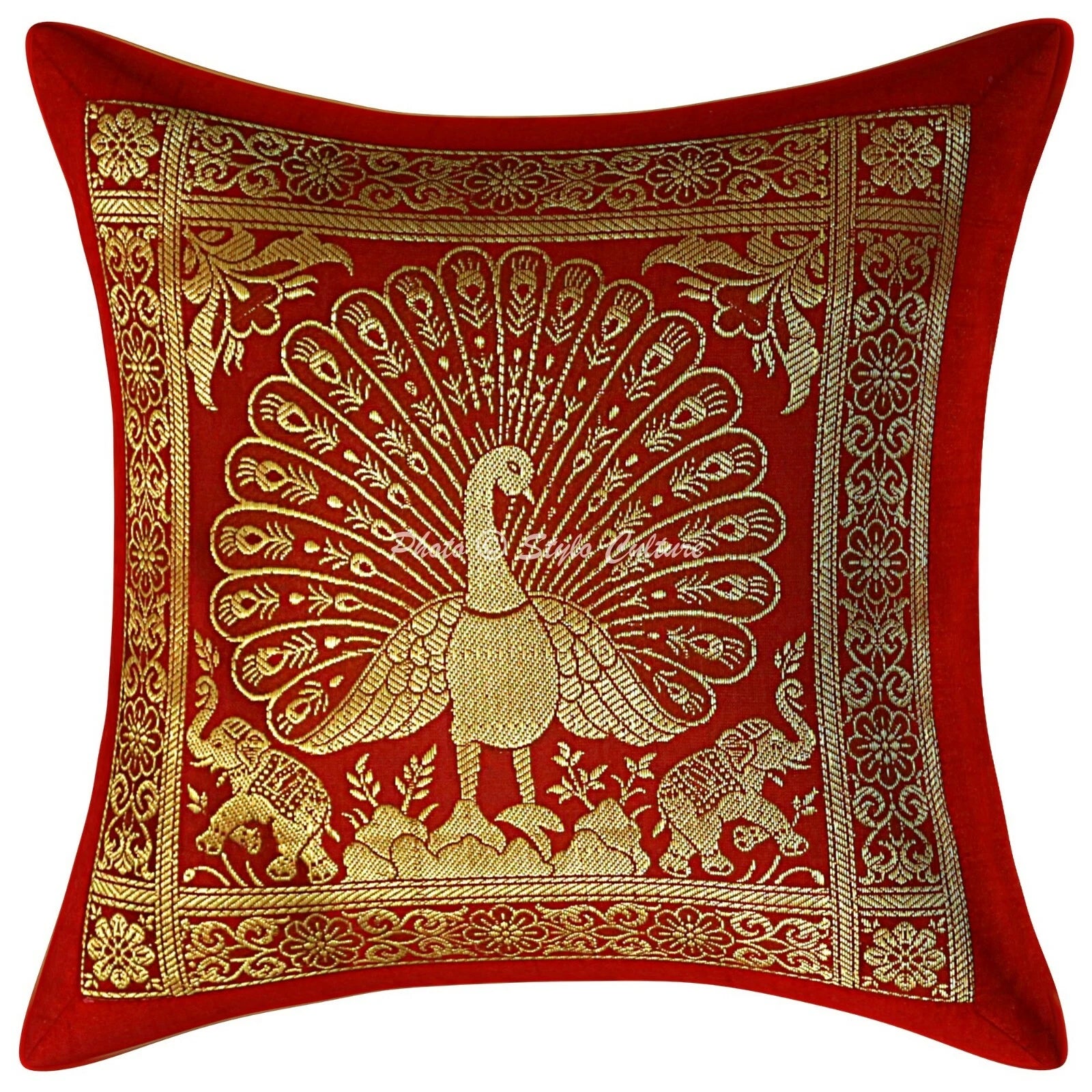 Indian Peacock Brocade Cushion Cover Handmade Sofa Pillow Case Cover Throw 12"