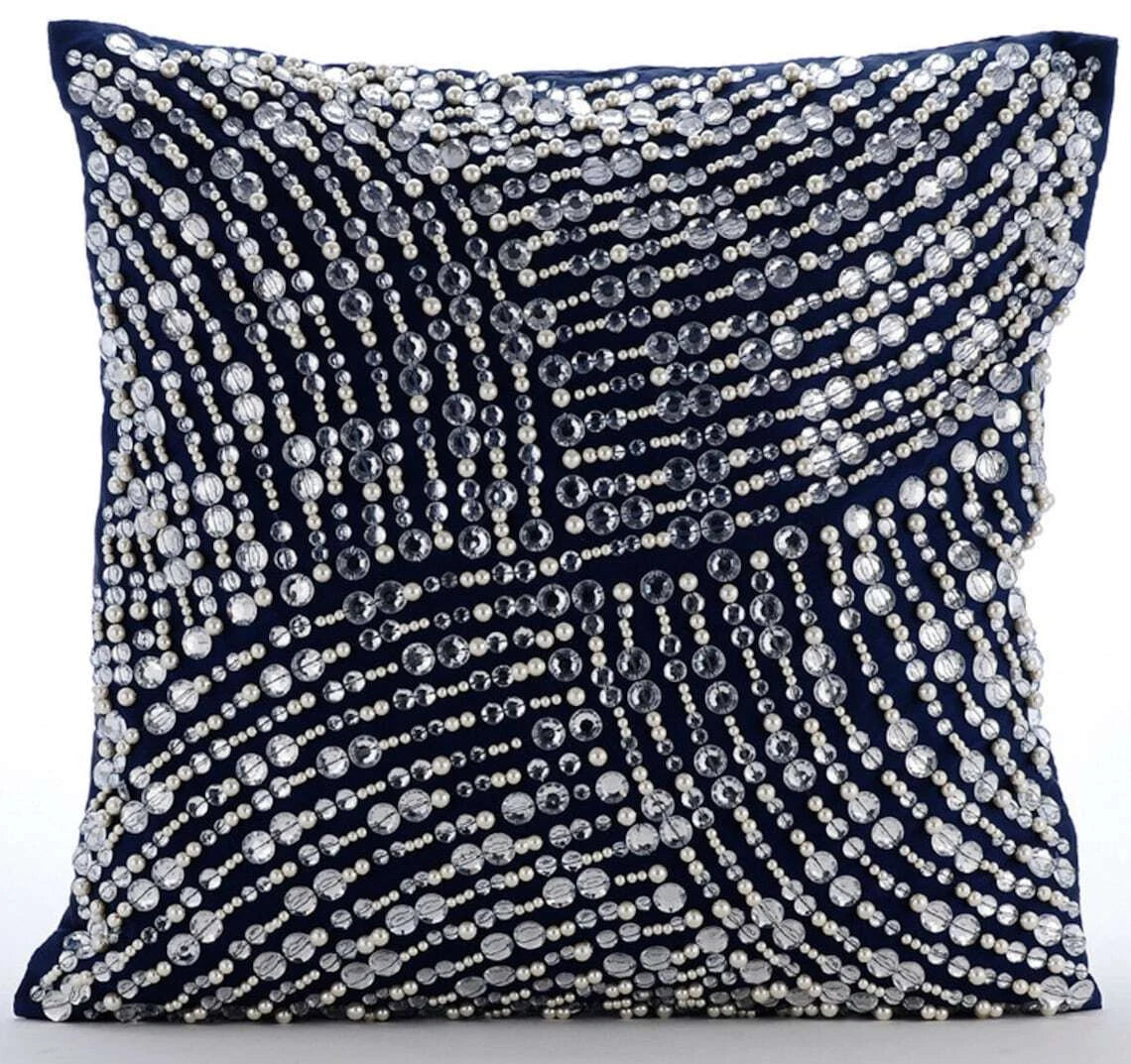 Sofa Cushion Case Blue 16"x16", Bed Decor Taffeta - Crystals N Pearls Jam