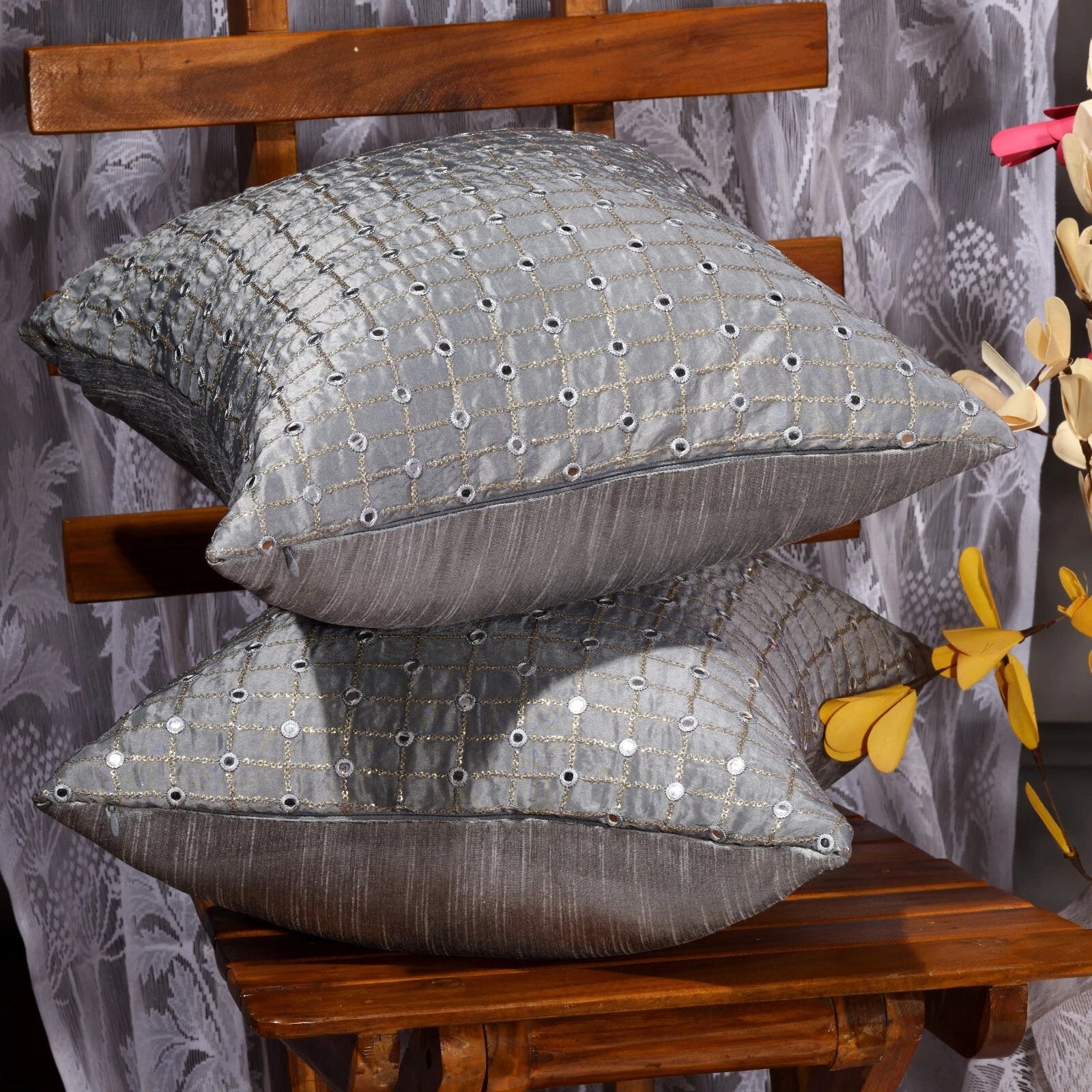 silver pillow cover for couch designer throw pillow embroidered pillow cover 2pc