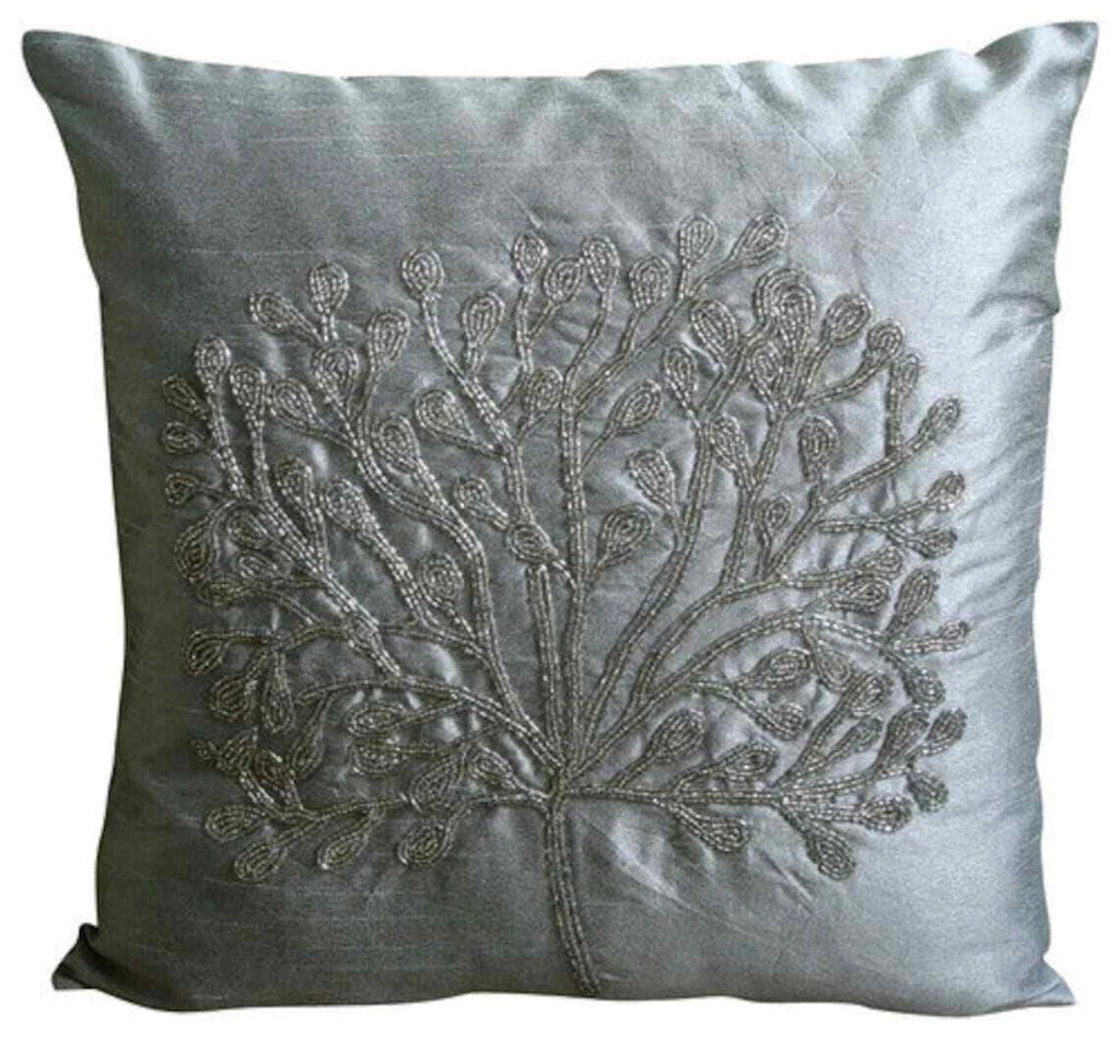 Sofa Pillow Cover Silver 16"x16", Bed Decor Silk Tree Beaded - The Silver Tree