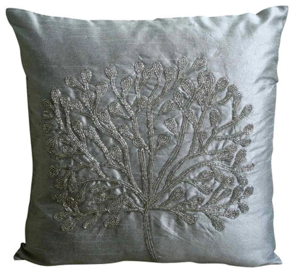 Sofa Pillow Cover Silver 16"x16", Bed Decor Silk Tree Beaded - The Silver Tree