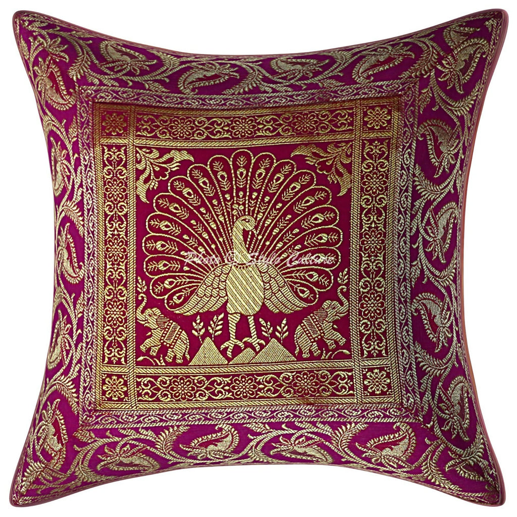 Indian Peacock Brocade Cushion Cover Handmade Sofa Pillow Case Cover Throw 12"