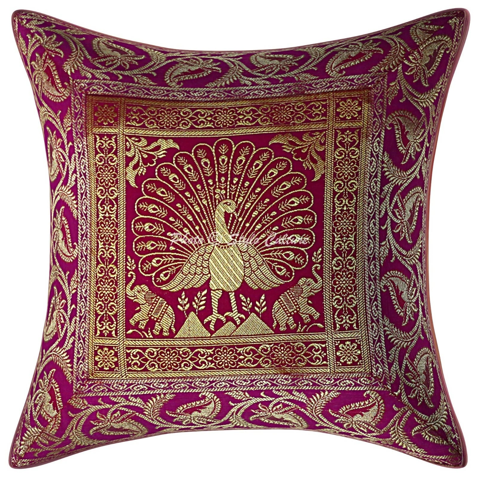 Indian Peacock Brocade Cushion Cover Handmade Sofa Pillow Case Cover Throw 12"