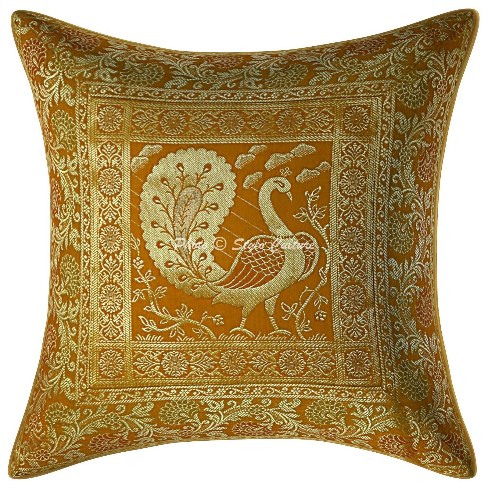 Indian Brocade Sofa Cushion Cover Handmade Peacock Pillow Case Cover Throw 12"