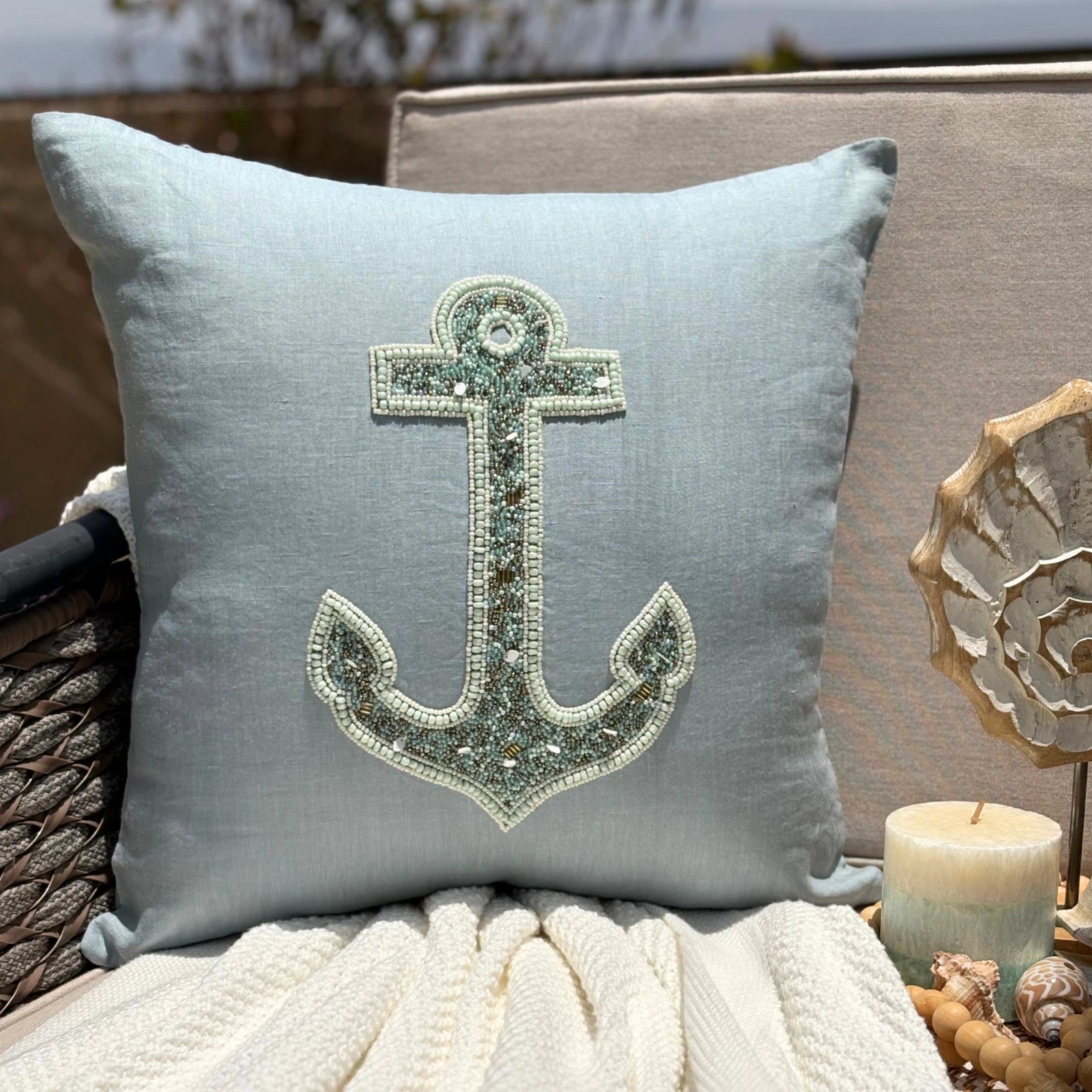 Decorative Sofa Pillow Case Blue 16"x16", Bed Decor Linen Fabric - Lost Anchor