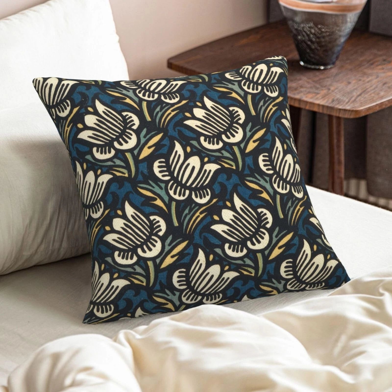 Vintage Blue Floral Print Throw Pillowcase Square Cushion Cover For Sofa Bed