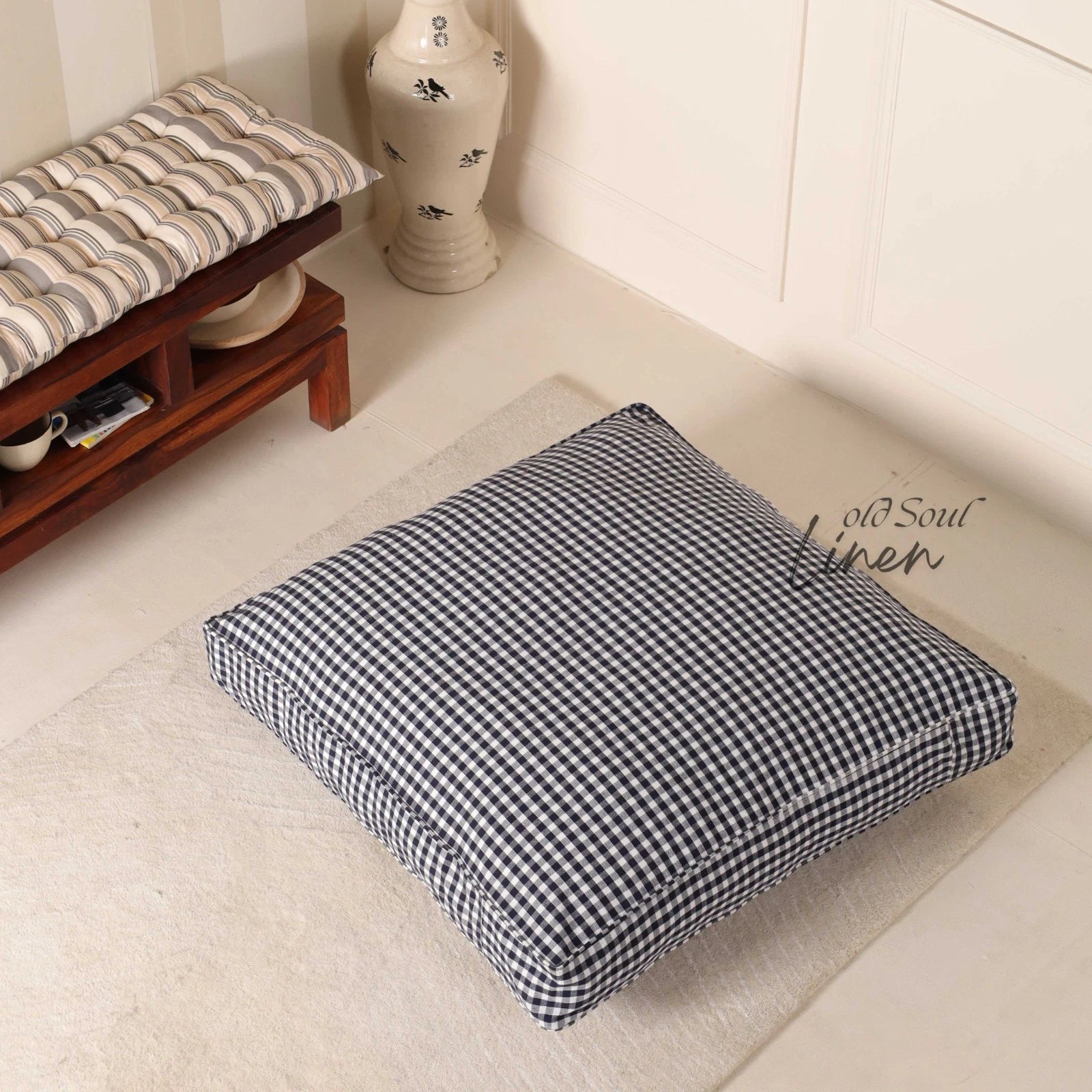 Gingham Check Gauze Linen Floor Cushion Case Pouf Cover Boho Minimalist Decor