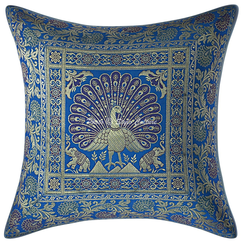 Peacock Brocade Cushion Cover Indian Handmade Throw Sofa Pillow Case Cover 12"