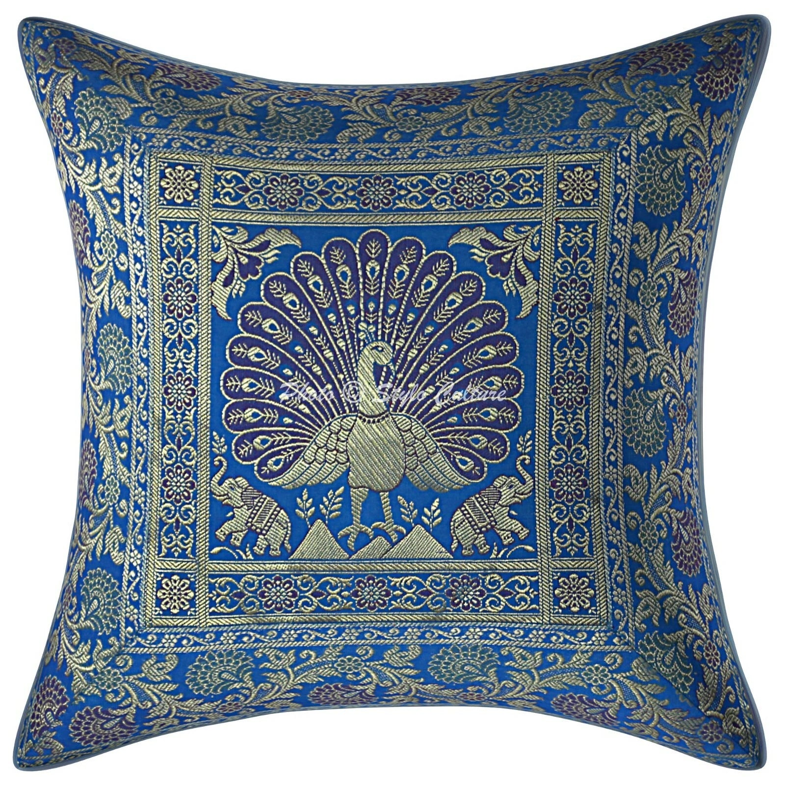 Peacock Brocade Cushion Cover Indian Handmade Throw Sofa Pillow Case Cover 12"