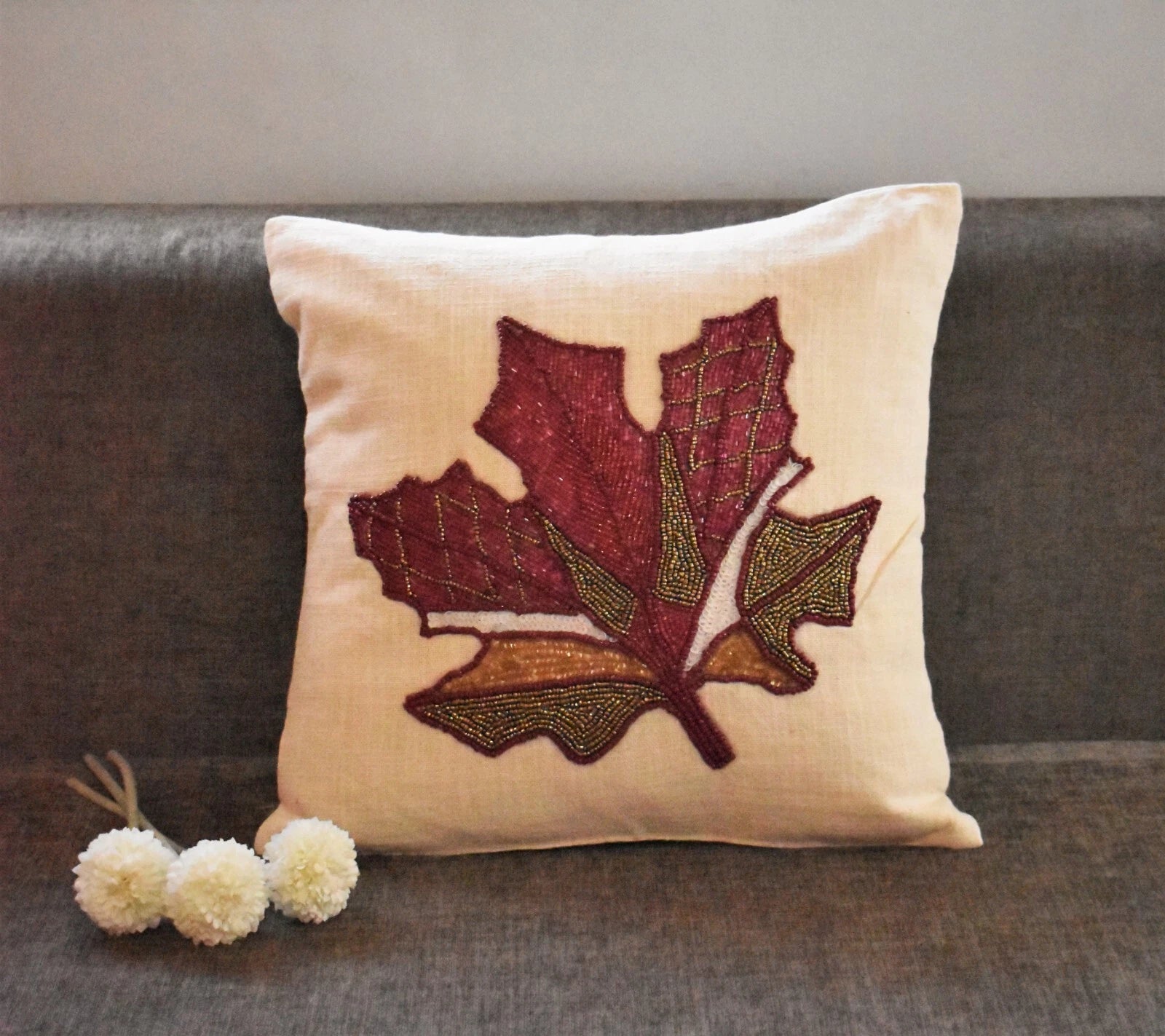 Beaded Cushion Cover Maple Leaf Decorative Sofa Pillow Case 16x16 In Set of 2