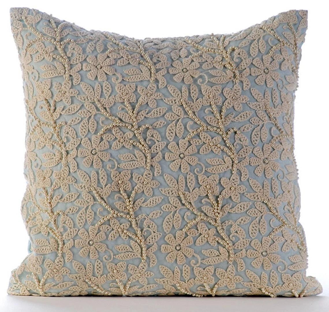 Decorative Sofa Cushion Case Blue 16"x16", Bed Decor Cotton - Floral Jaal