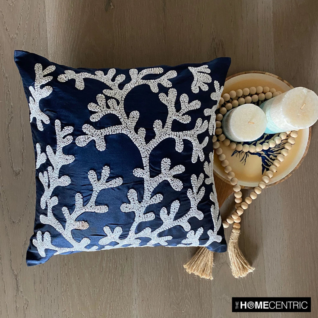 Couch Pillow Cover Blue 16"x16", Bed Decor Silk Sea Creatures - Navy Corals