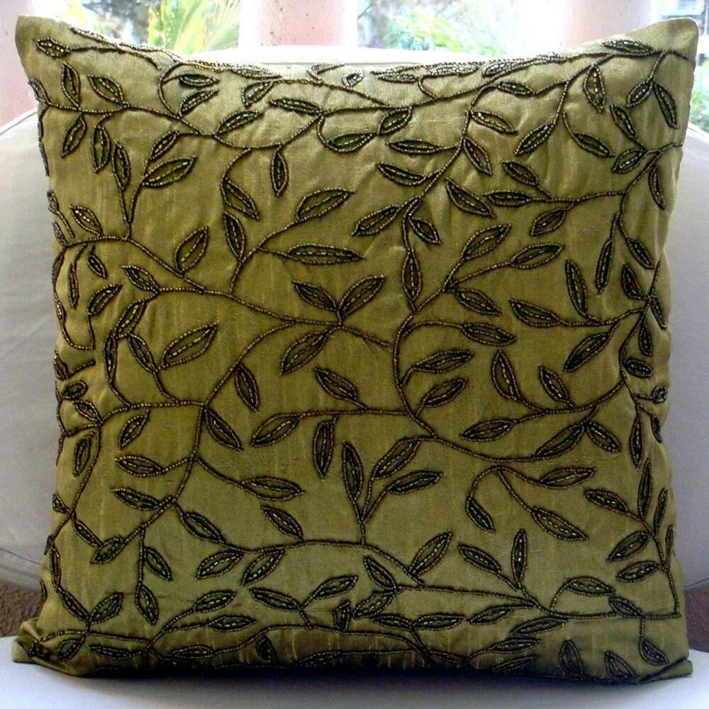 Square Sofa Pillow Case Green 16"x16", Bed Decor Silk Leaf Beaded - Tropical