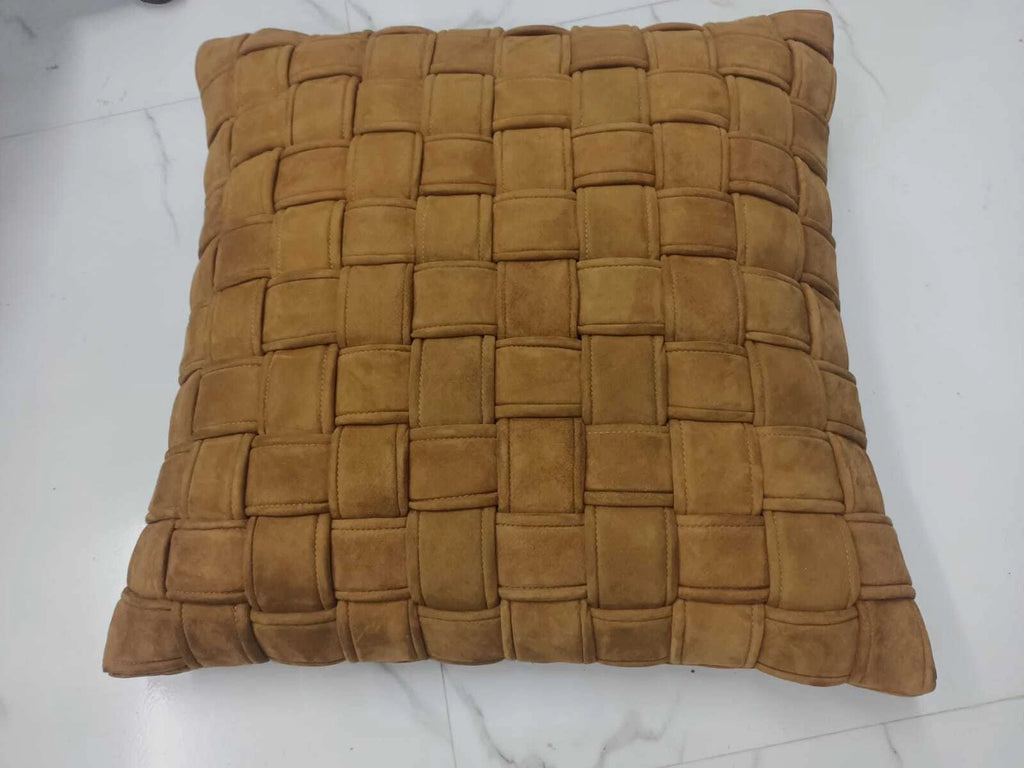 Tan Brown Woven Lamb Suede Leather Cushion Cover, Sofa & Bed Throw Pillow Cover