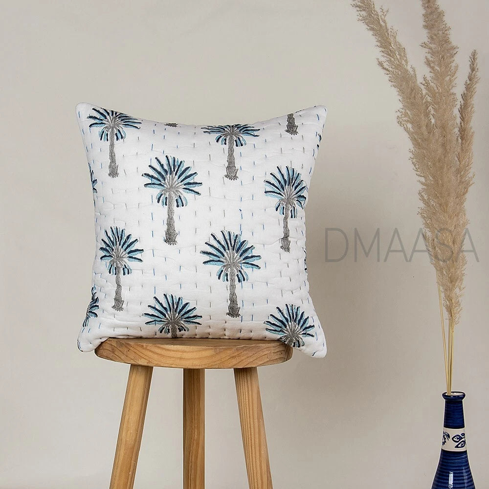 Grey & Blue Palm Tree Pillow Cover Bed Sofa Cushion Case Indian Cotton Cover