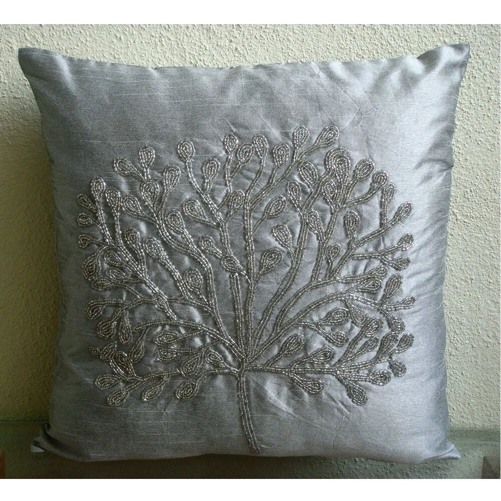 Sofa Pillow Cover Silver 16"x16", Bed Decor Silk Tree Beaded - The Silver Tree