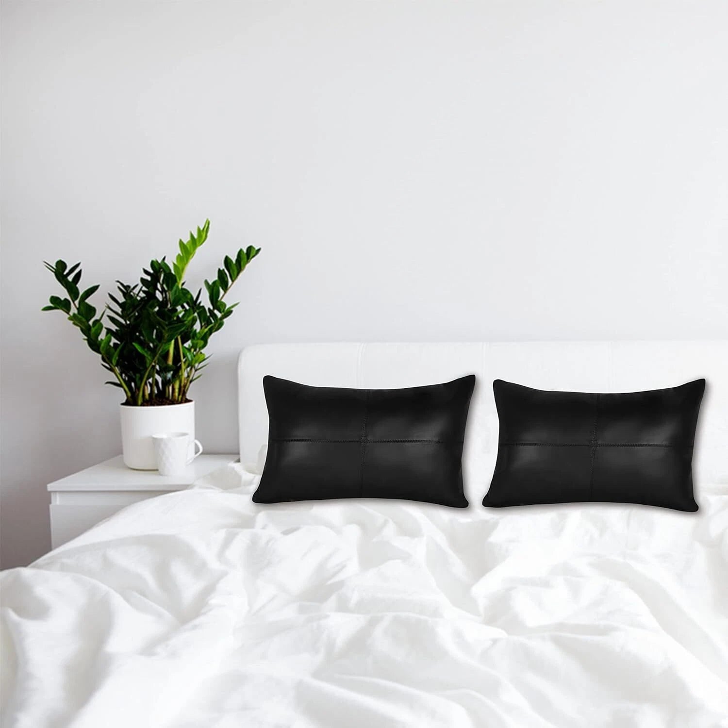 Elegant Lambskin Leather Black Plain Rectangular Pillow Cover Sofa Cushion Case