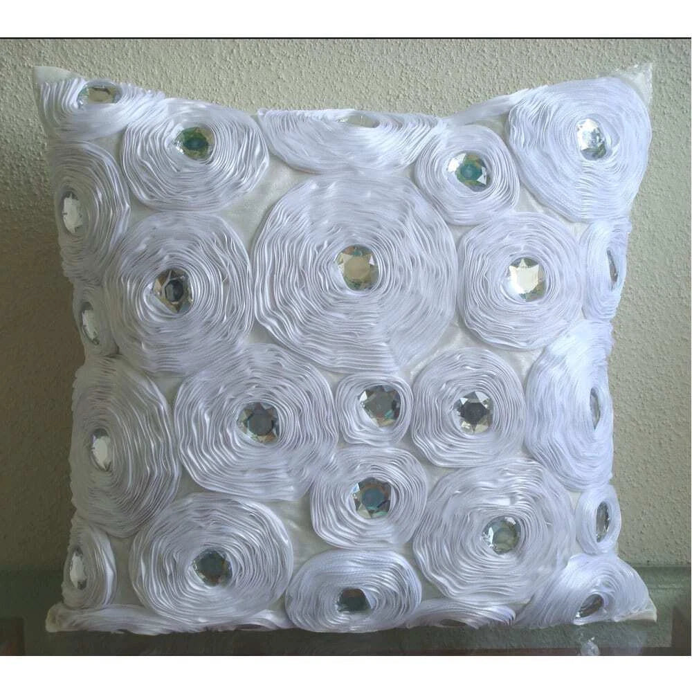 Couch Cushion Cover White 16"x16", Bed Decor Silk Floral - White Heaven