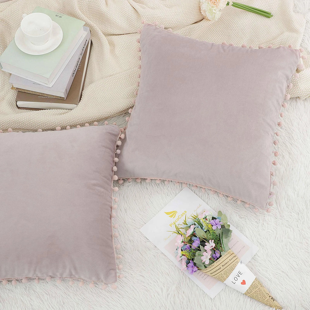 Velvet Pillow Cover with Pompoms for Sofa Bed 2PCS