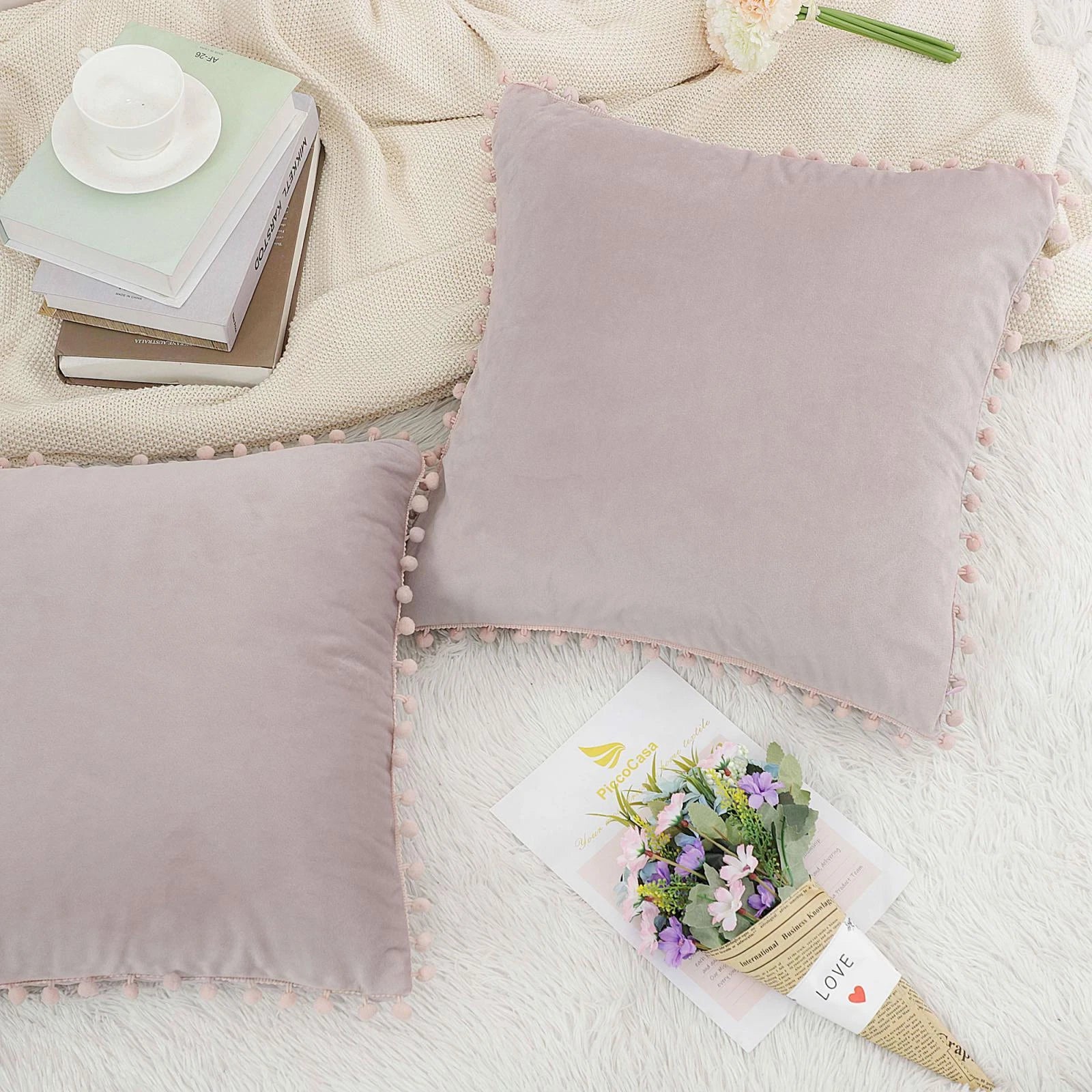 Velvet Pillow Cover with Pompoms for Sofa Bed 2PCS